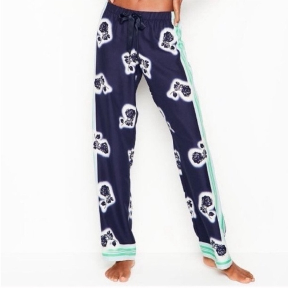 Victoria's Secret pajama pants navy blue white floral stripes wide leg tie